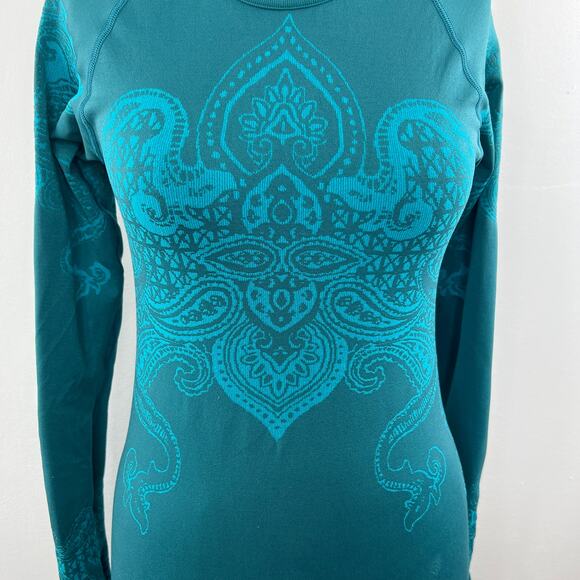 ATHLETA Tattoo Twist Teal Blue Printed Long Sleeve Slim Base Layer Active Top S - Picture 2 of 7